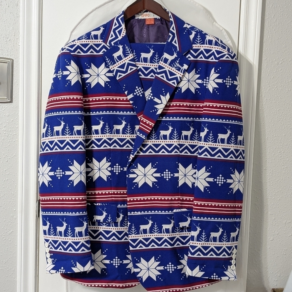 OppoSuits Christmas Holiday reindeer snowflake suit, 50 US, 41-42 waist